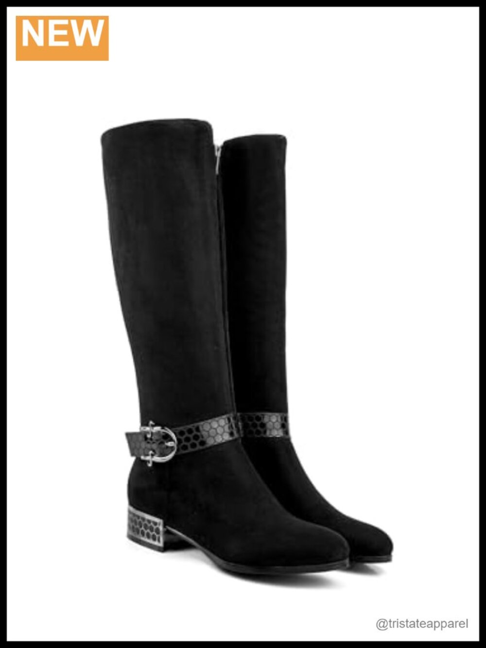 Knee High Block Heel Faux Suede Boots Beehive Patterned Straps - Picture 3 of 6